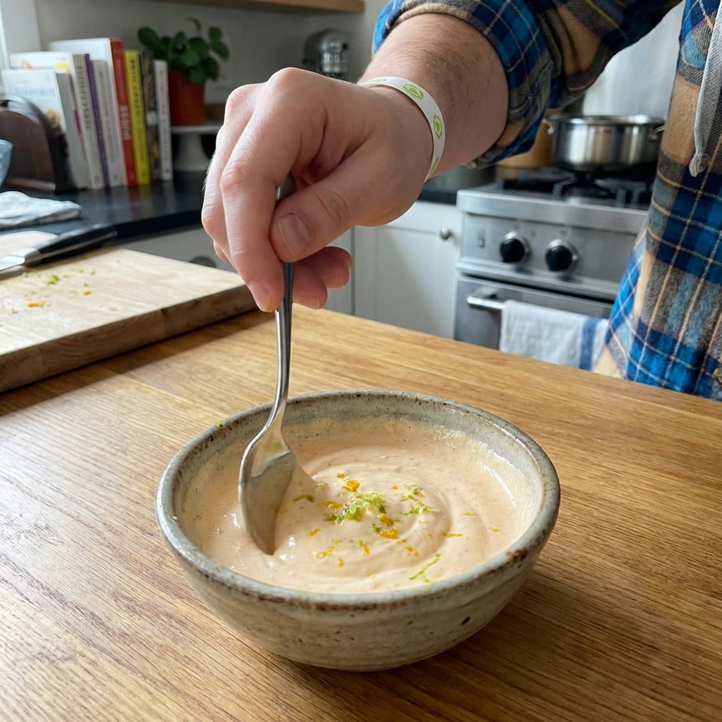 A real photo of a small bowl of orange-lime crema being stirred with a spoon on a kitchen counter