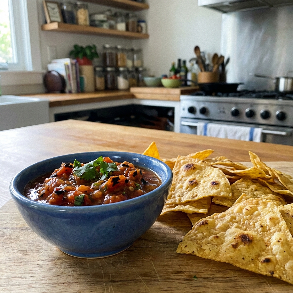 A real photo of a small bowl of roasted tomato salsa with tortilla chips nearby