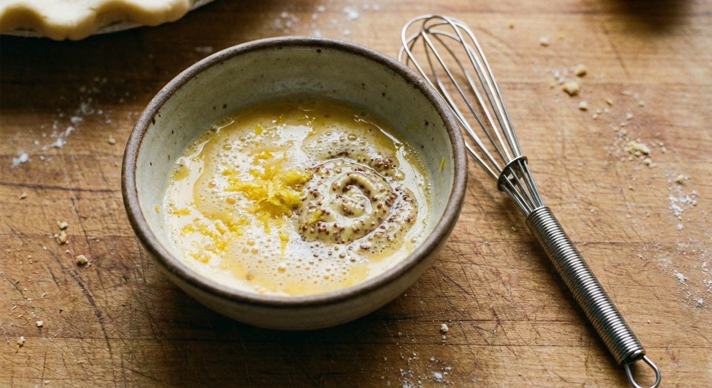 A real photo of a small bowl with beaten egg wash, lemon zest, and Dijon mustard on a wooden counter with a whisk nearby