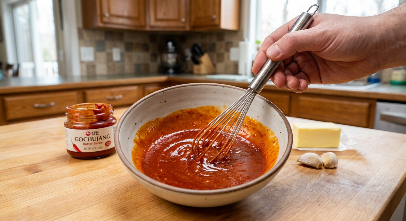 A real photo of a small bowl with gochujang butter sauce being whisked until smooth and glossy on a kitchen counter
