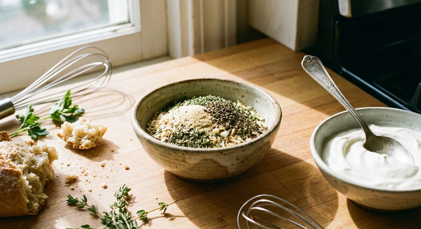 A real photo of a small ceramic bowl filled with homemade ranch seasoning mix next to a bowl of sour cream and a spoon, ready for mixing into a dip, on a bright kitchen counter