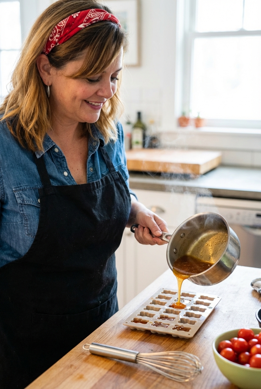 A real photo of a small saucepan of warm amber gummy mixture being poured into silicone gummy molds on a kitchen counter