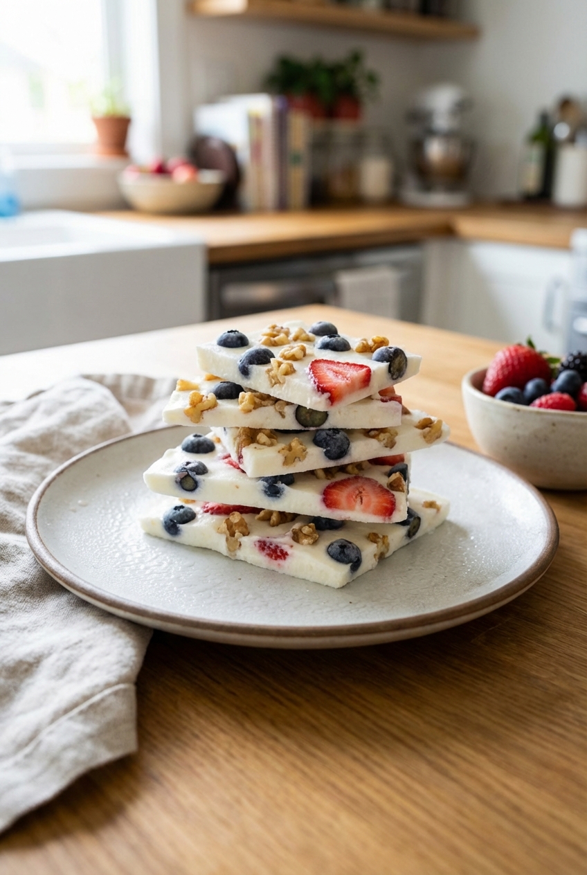 A real photo of a small stack of broken yogurt bark pieces with berries and nuts visible, served on a chilled plate on a kitchen counter