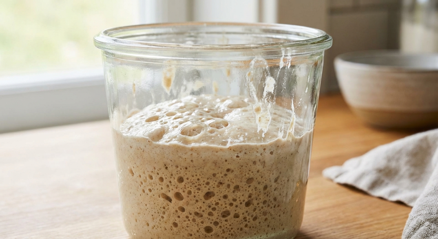 A real photo of a sourdough starter jar at peak rise with bubbles on the surface and starter clinging to the sides
