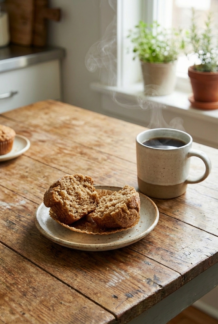 A real photo of a split bran muffin showing a moist, tender crumb with visible bran flecks on a plate next to a mug of coffee