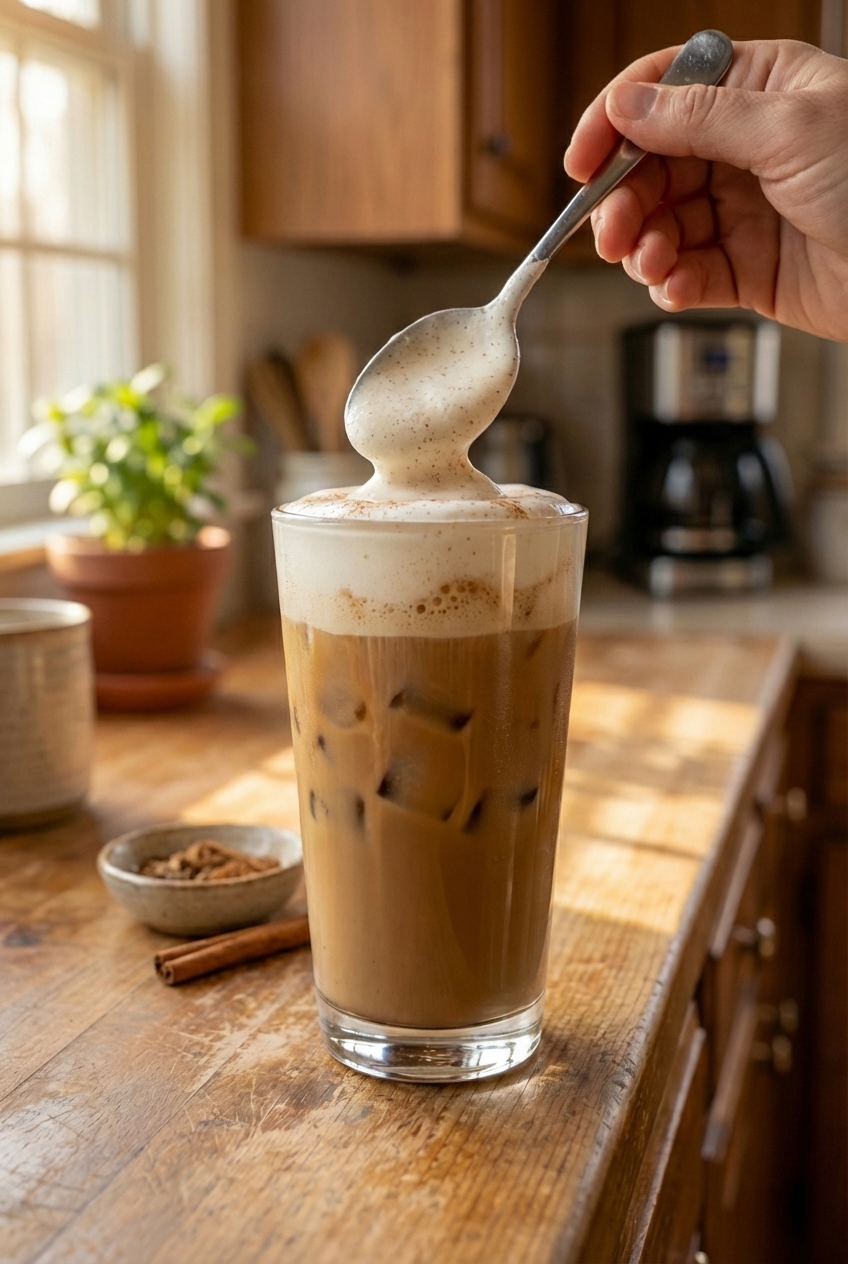 A real photo of a spoon adding thick spiced cold foam onto a glass of iced chai on a countertop