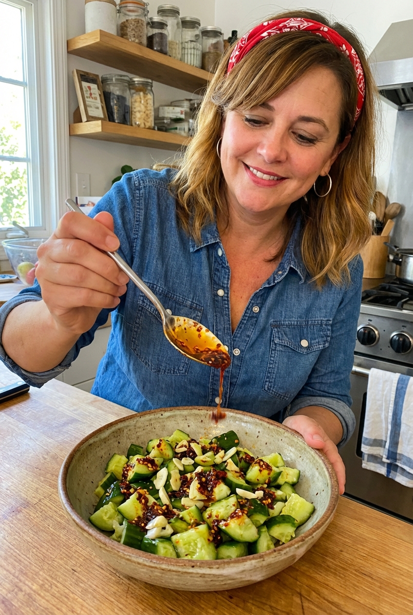 A real photo of a spoon drizzling chili crisp over a bowl of smashed cucumber salad in a home kitchen