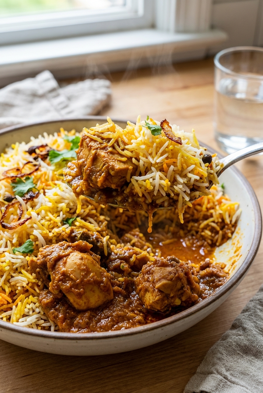 A real photo of a spoon lifting a layered portion of biryani showing fluffy rice on top and saucy chicken underneath