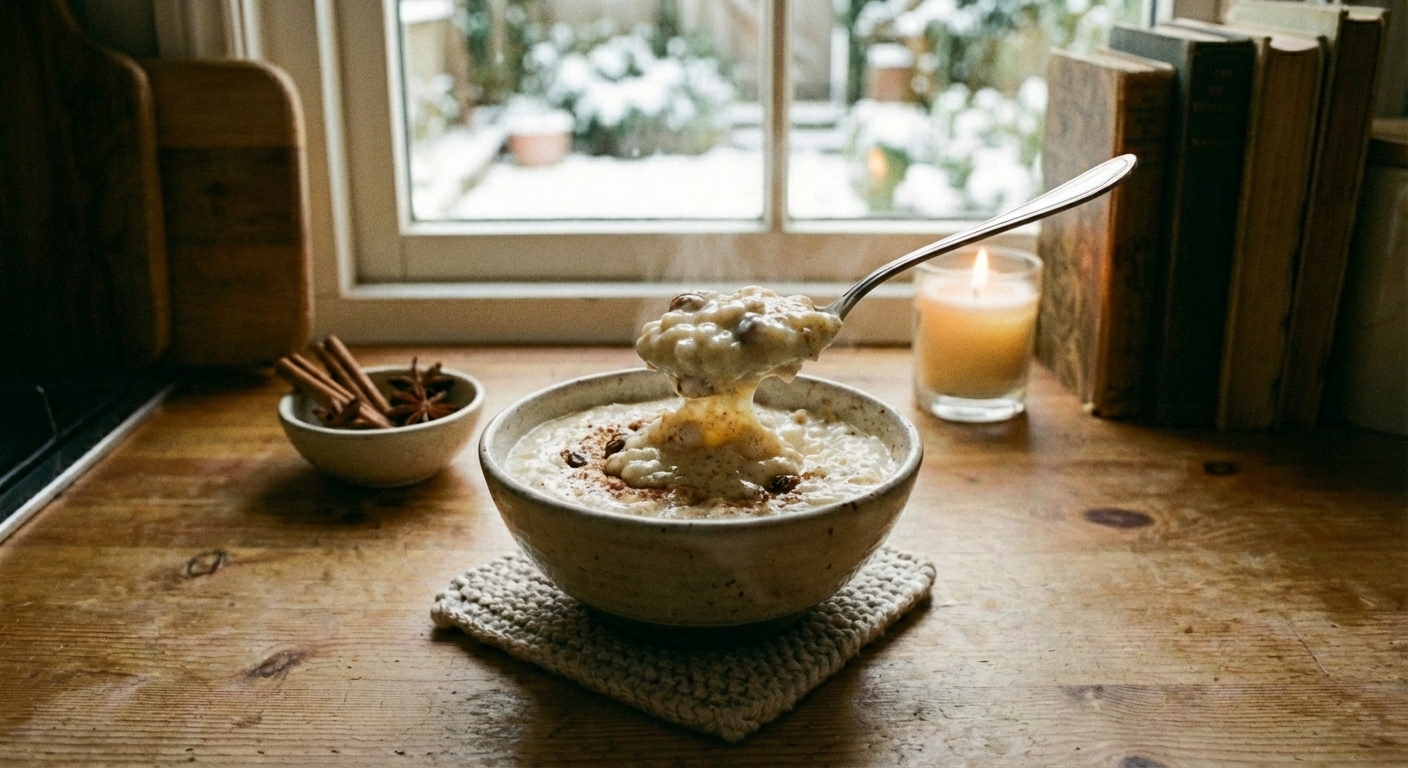 A real photo of a spoon lifting creamy arroz con leche from a bowl, showing the thick texture and cinnamon on top