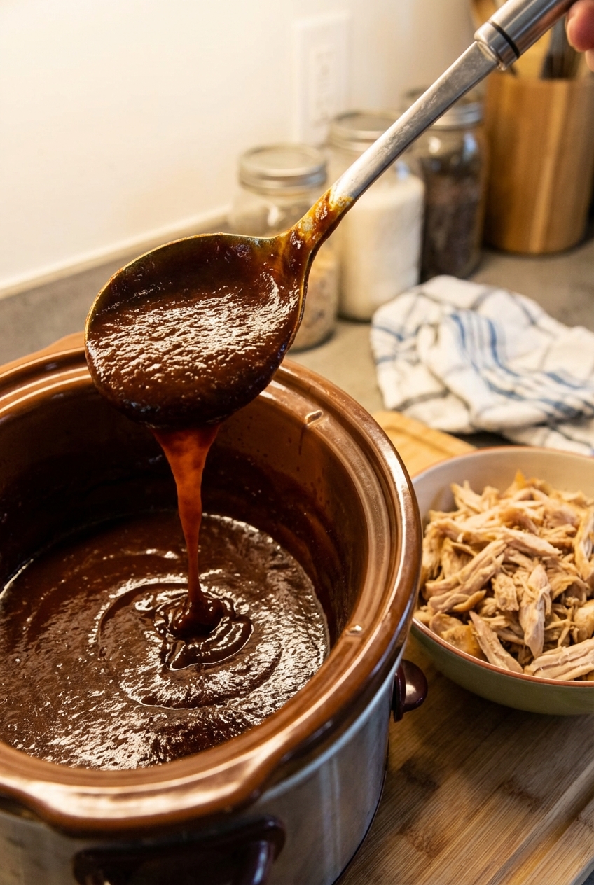 A real photo of a spoon lifting glossy thickened sauce from a slow cooker next to shredded chicken