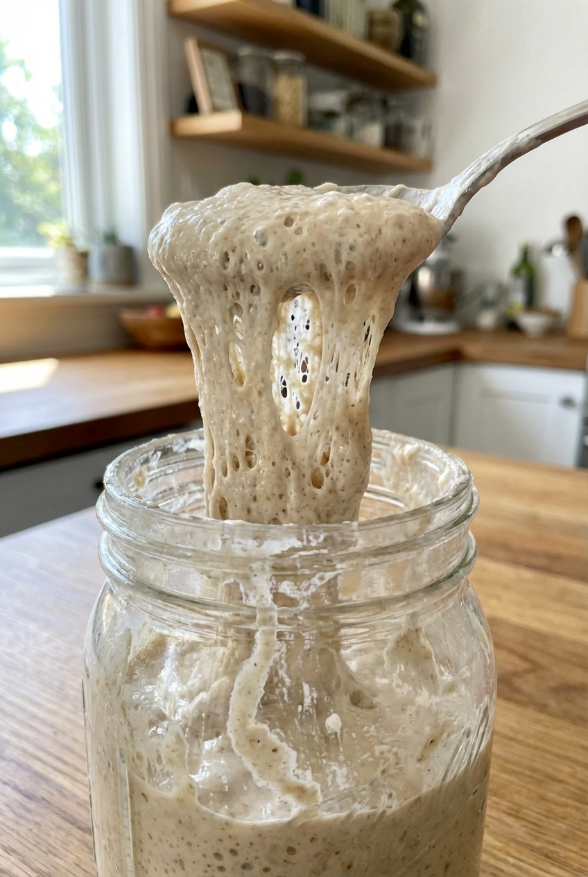 A real photo of a spoon lifting stretchy sourdough starter from a jar showing bubbles and texture