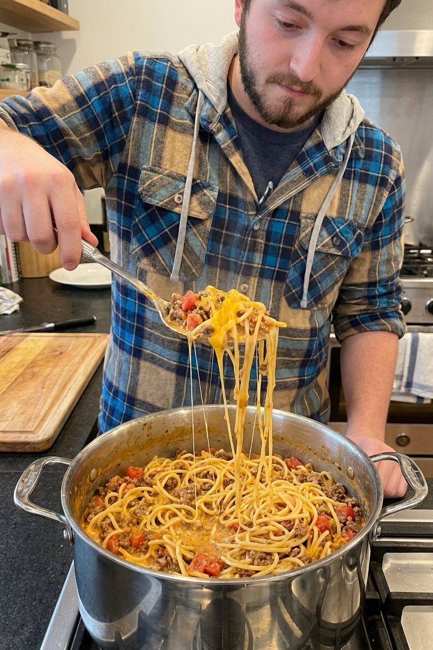 A real photo of a spoon lifting taco spaghetti from a pot with melted cheese stretching, showing browned ground meat and tomato pieces in a creamy sauce