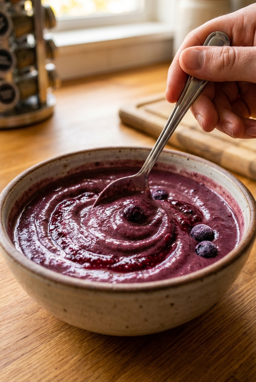 A real photo of a spoon making a swirl in a thick acai bowl base with visible ripples and a few berry streaks in the mixture