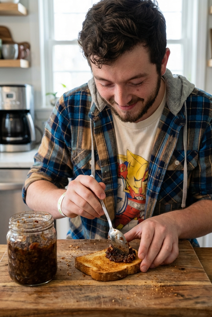 A real photo of a spoon spreading bacon jam onto toasted bread on a cutting board in a home kitchen