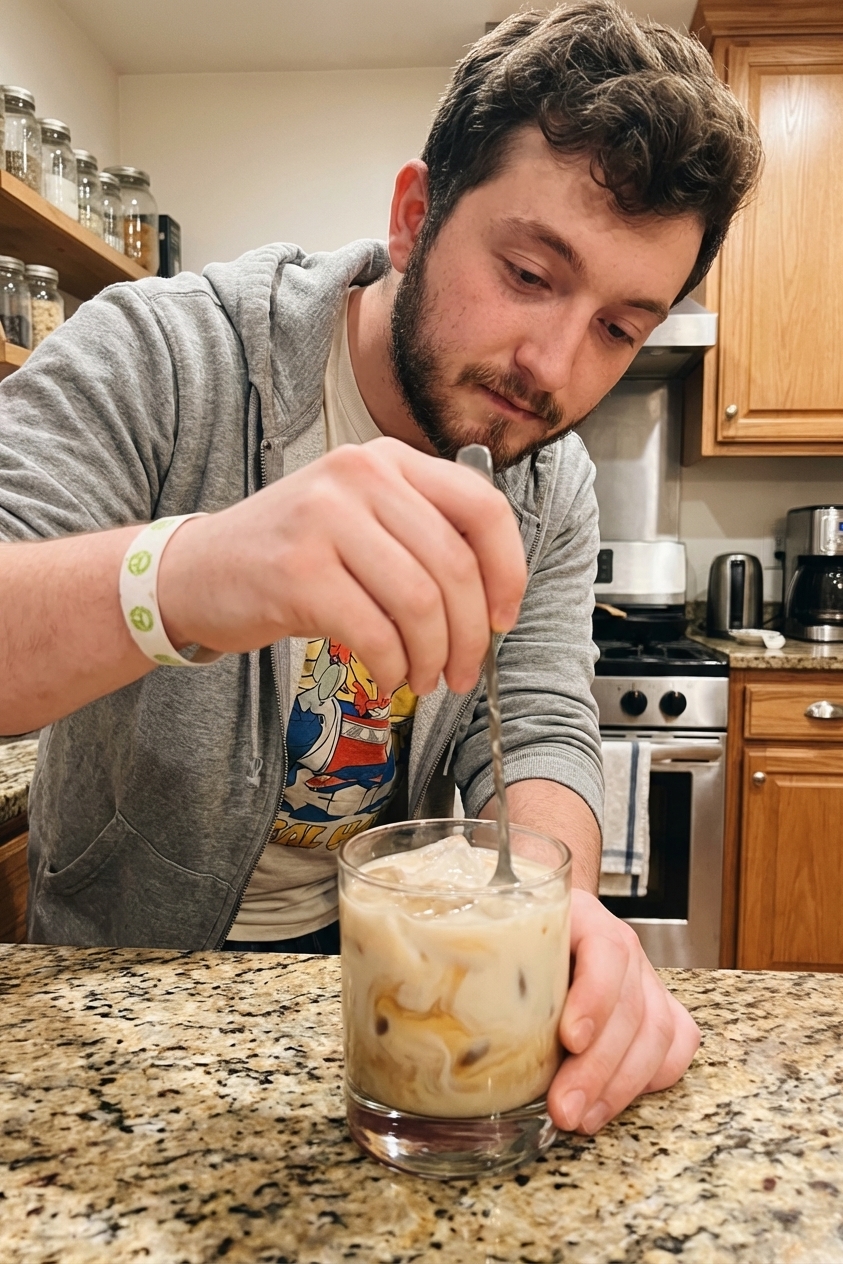 A real photo of a spoon stirring a creamy light-brown White Russian in a rocks glass with ice on a kitchen counter
