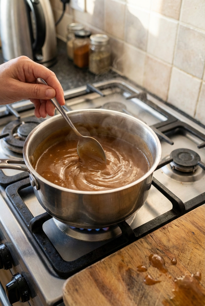 A real photo of a spoon stirring glossy brown gravy in a small saucepan on a stovetop