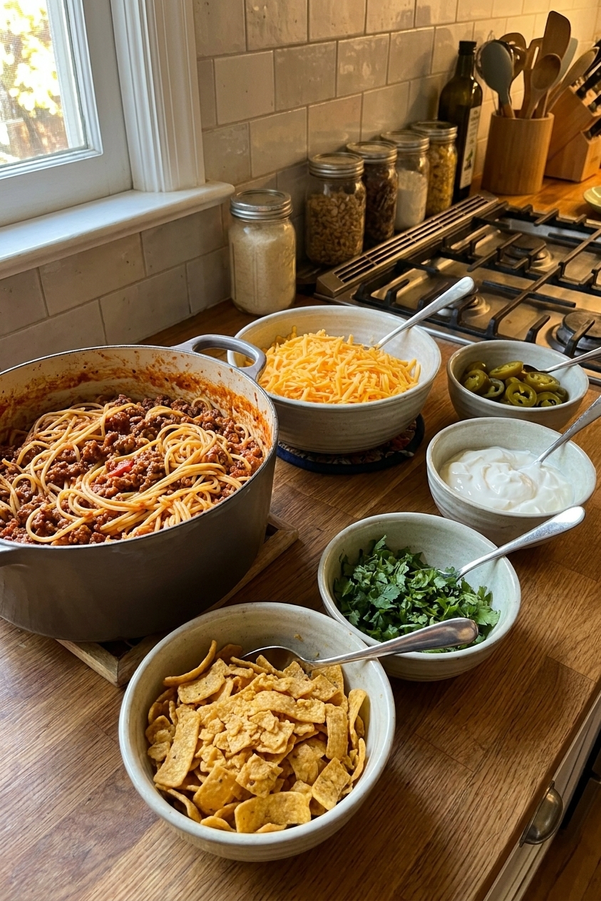 A real photo of a taco spaghetti topping bar on a kitchen counter with bowls of shredded cheese, sliced jalapenos, sour cream, chopped cilantro, and crushed Fritos next to a pot of spaghetti