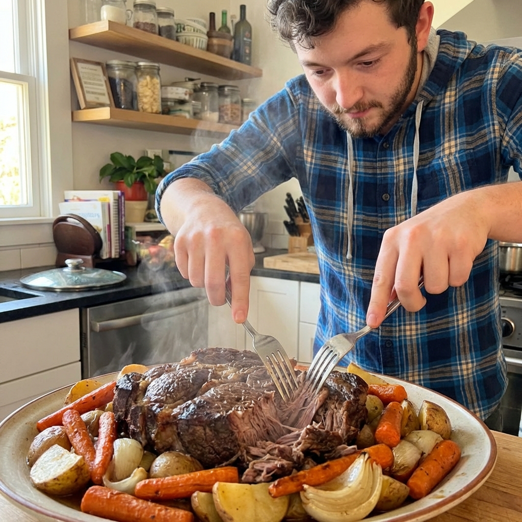 A real photo of a tender pot roast being shredded with two forks on a platter with carrots and potatoes nearby