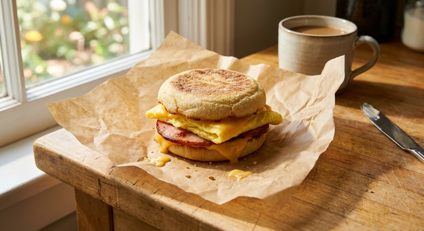 A real photo of a toasted English muffin breakfast sandwich with a folded egg, melted American cheese, and Canadian bacon, wrapped in parchment on a kitchen counter in morning light