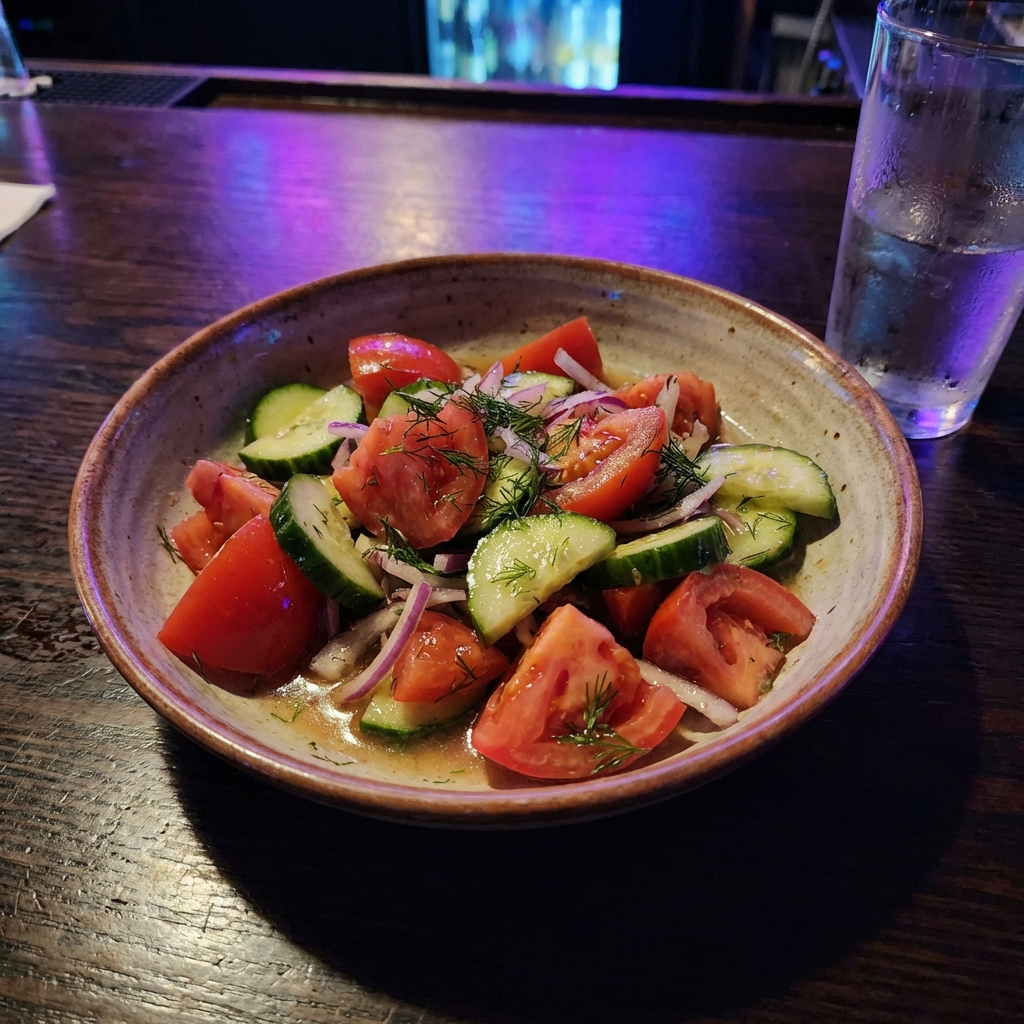 A real photo of a tomato and cucumber salad in a bowl with herbs