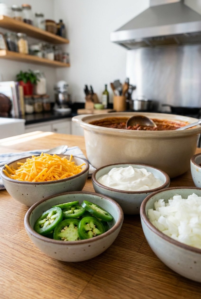 A real photo of a toppings spread for chili including shredded cheese, sour cream, sliced jalapenos, and chopped onions in small bowls