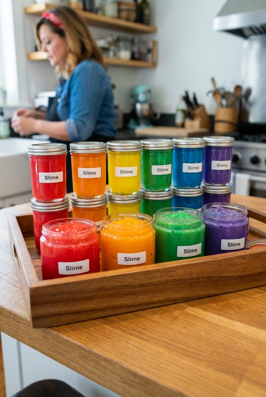 A real photo of a tray of rainbow slime in small jars on a table