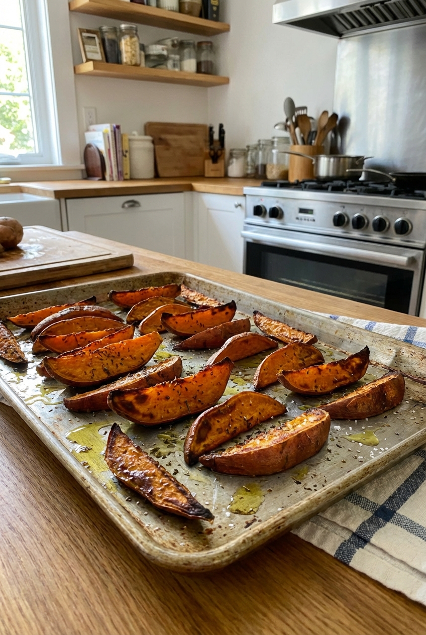 A real photo of a tray of roasted sweet potato wedges with browned edges