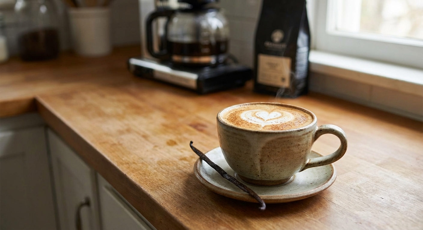 A real photo of a vanilla latte in a mug on a kitchen counter