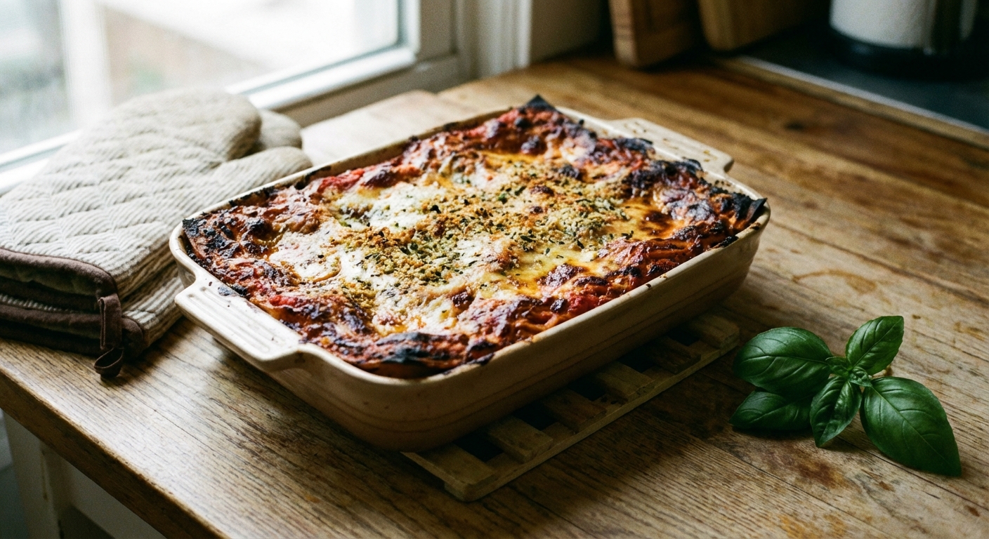 A real photo of a vegan lasagna in a baking dish with a browned, bubbly top just out of the oven