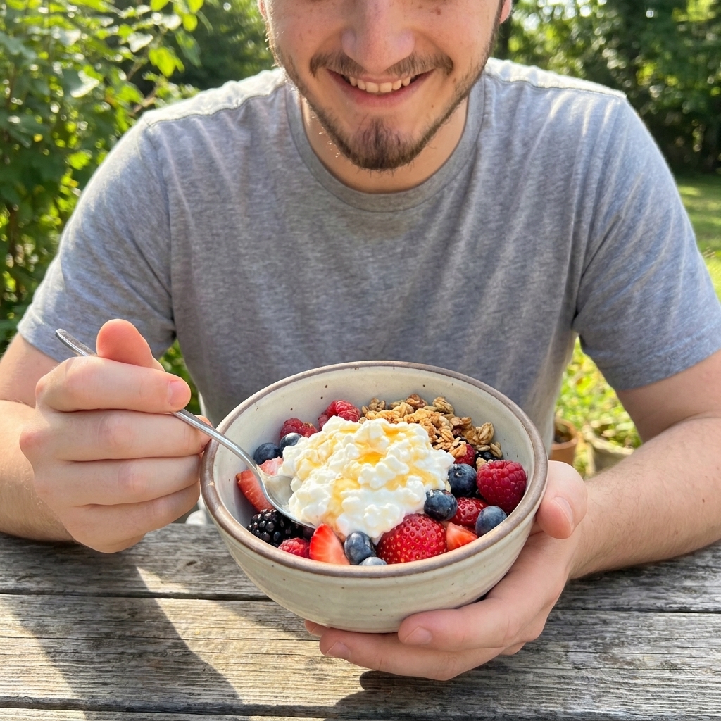 A real photo of a whipped cottage cheese bowl topped with mixed berries, granola, and a drizzle of honey on a wooden table in natural light