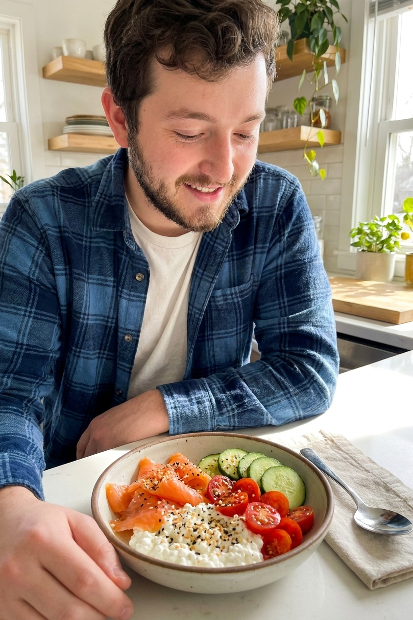 A real photo of a whipped cottage cheese breakfast bowl on a bright kitchen counter, topped with smoked salmon, sliced cucumber, cherry tomatoes, and everything bagel seasoning, with a spoon beside the bowl