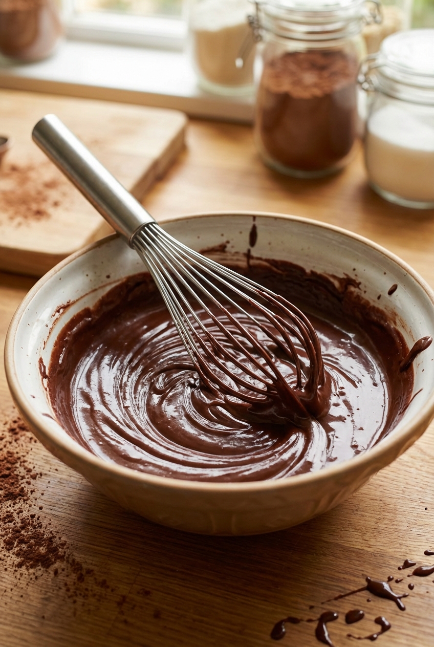 A real photo of a whisk resting in a bowl of smooth chocolate ganache on a countertop