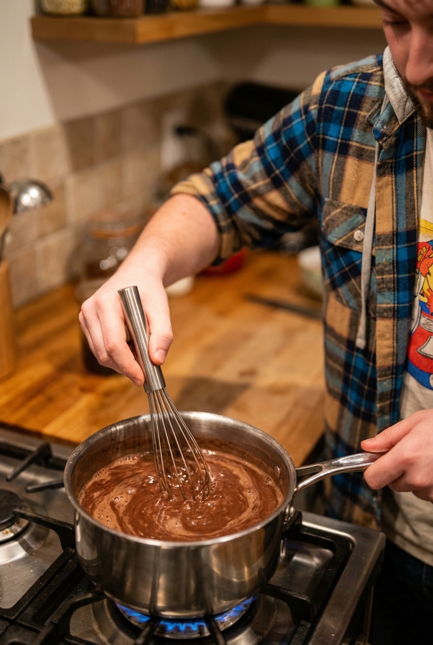A real photo of a whisk stirring a dark cocoa mixture in a small stainless steel saucepan on a stovetop