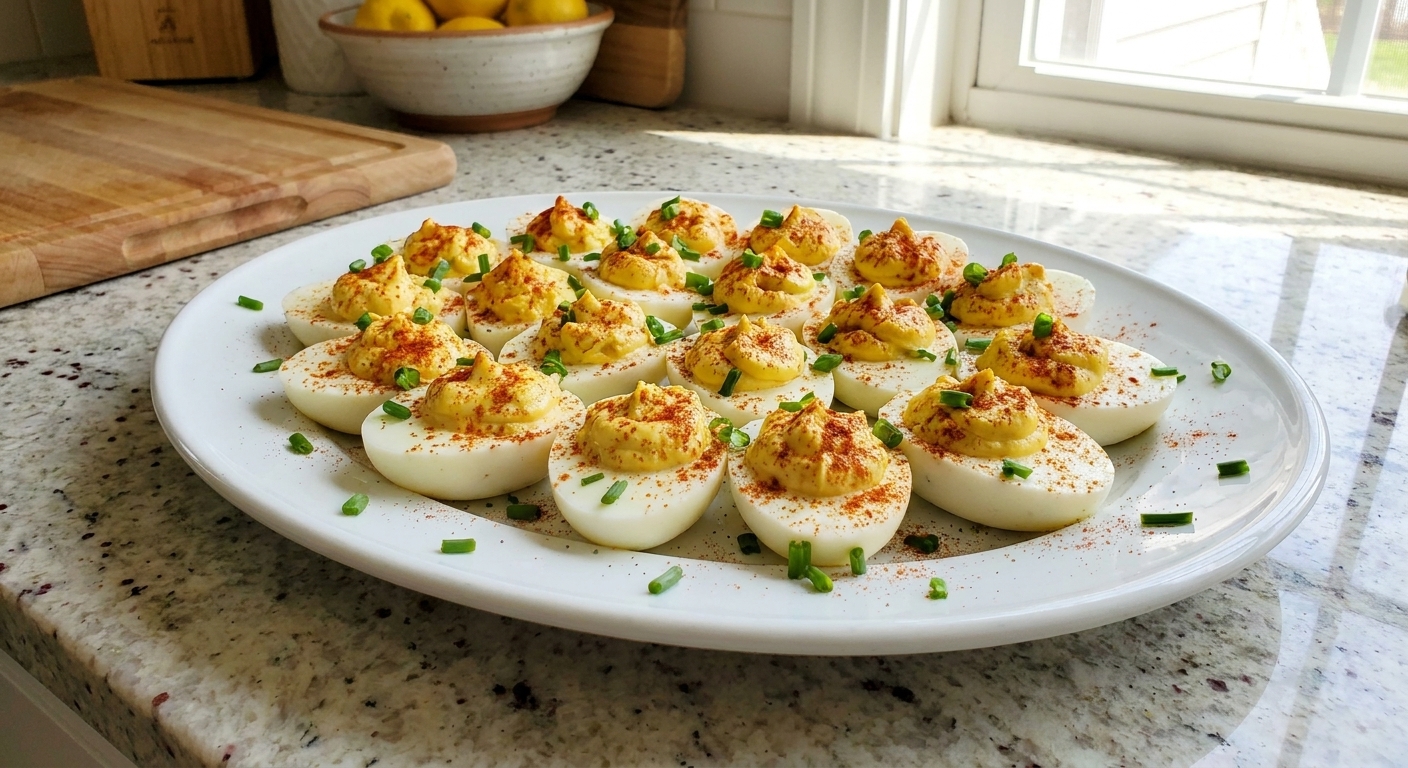 A real photo of a white platter filled with classic deviled eggs, paprika-dusted tops, and a few chives scattered around on a bright kitchen counter
