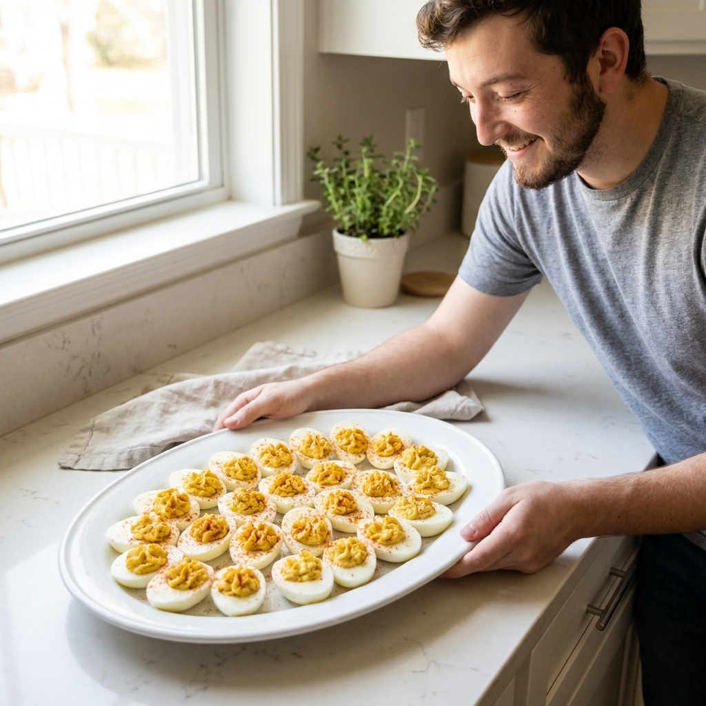 A real photo of a white platter filled with classic deviled eggs topped with a light dusting of paprika, set on a bright kitchen counter with soft natural window light
