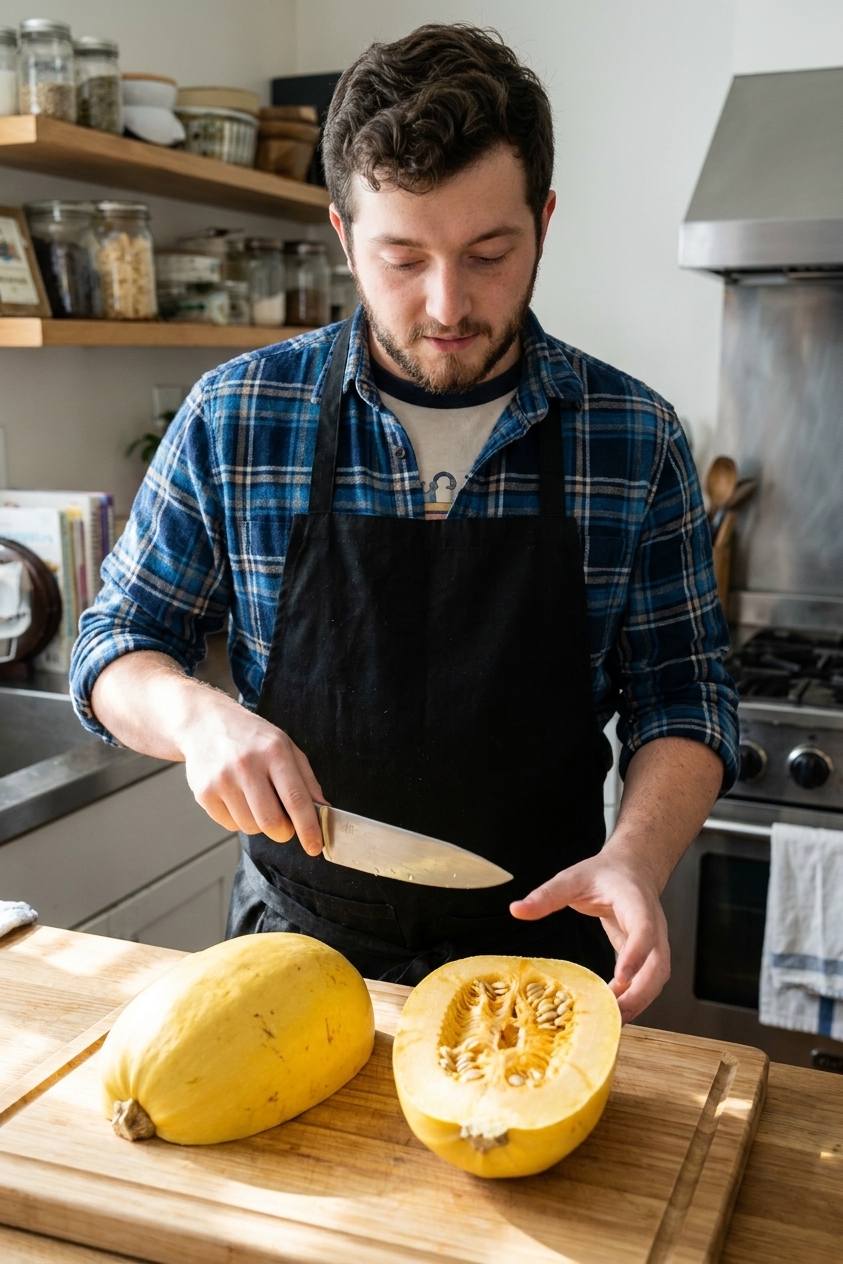 A real photo of a whole spaghetti squash and one neatly cut half on a wooden cutting board with a chef's knife nearby, seeds visible in the center