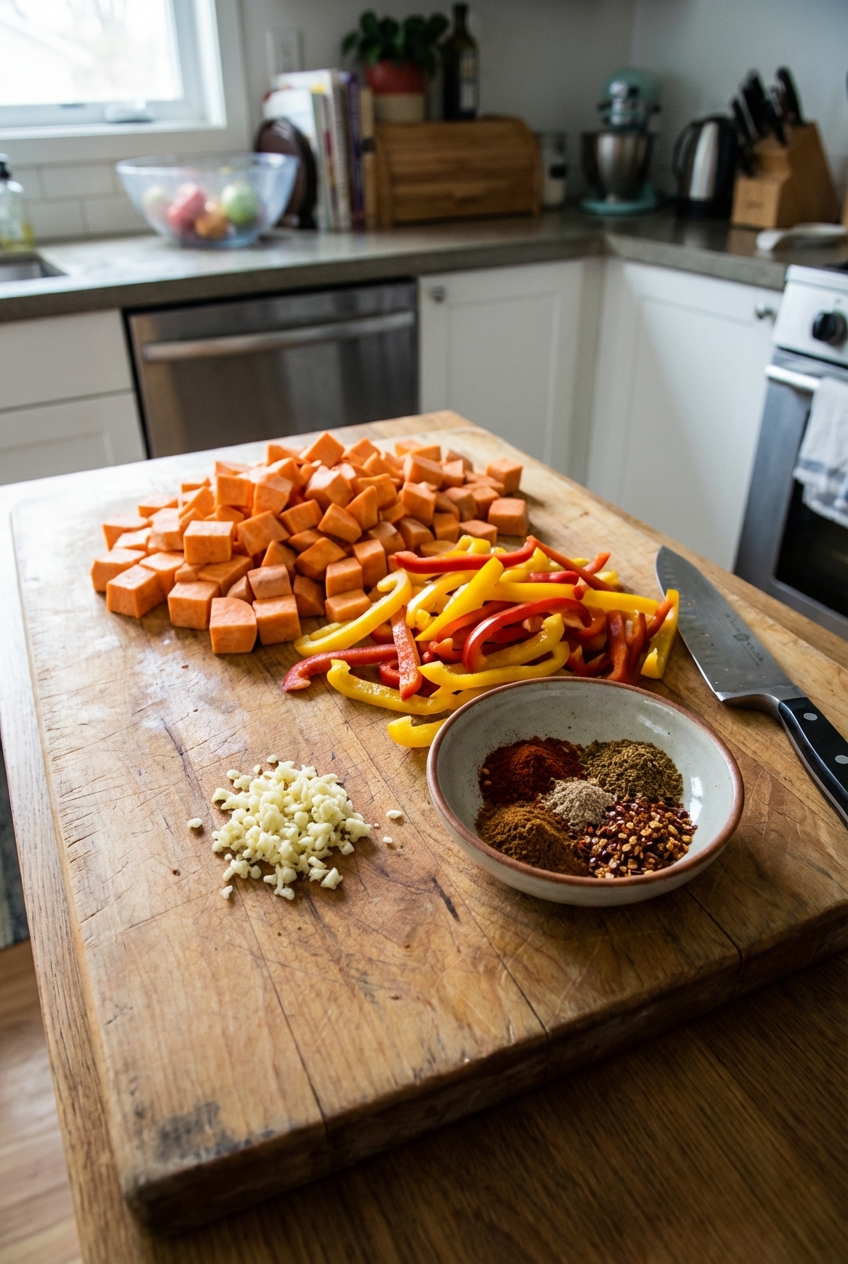 A real photo of a wooden cutting board with diced sweet potato, sliced bell peppers, minced garlic, and a small bowl of spices ready for cooking