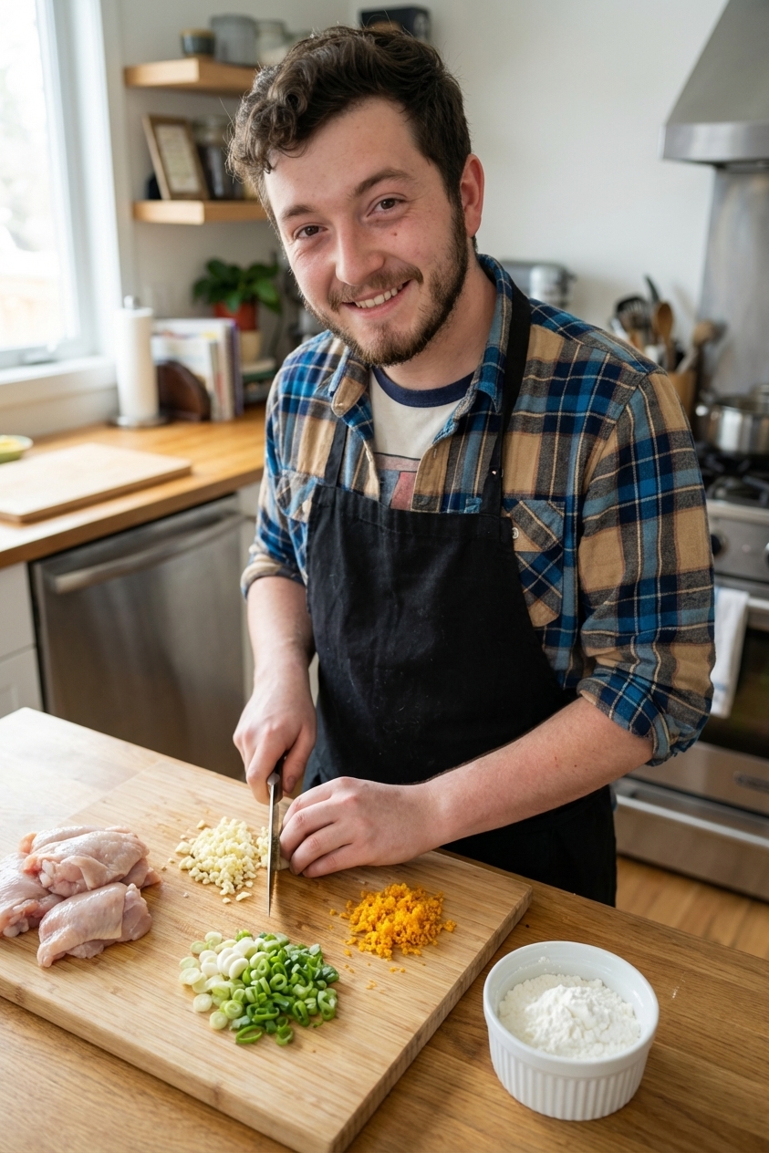 A real photo of a wooden cutting board with orange zest, minced garlic, sliced green onions, and a small bowl of cornstarch next to raw chicken pieces