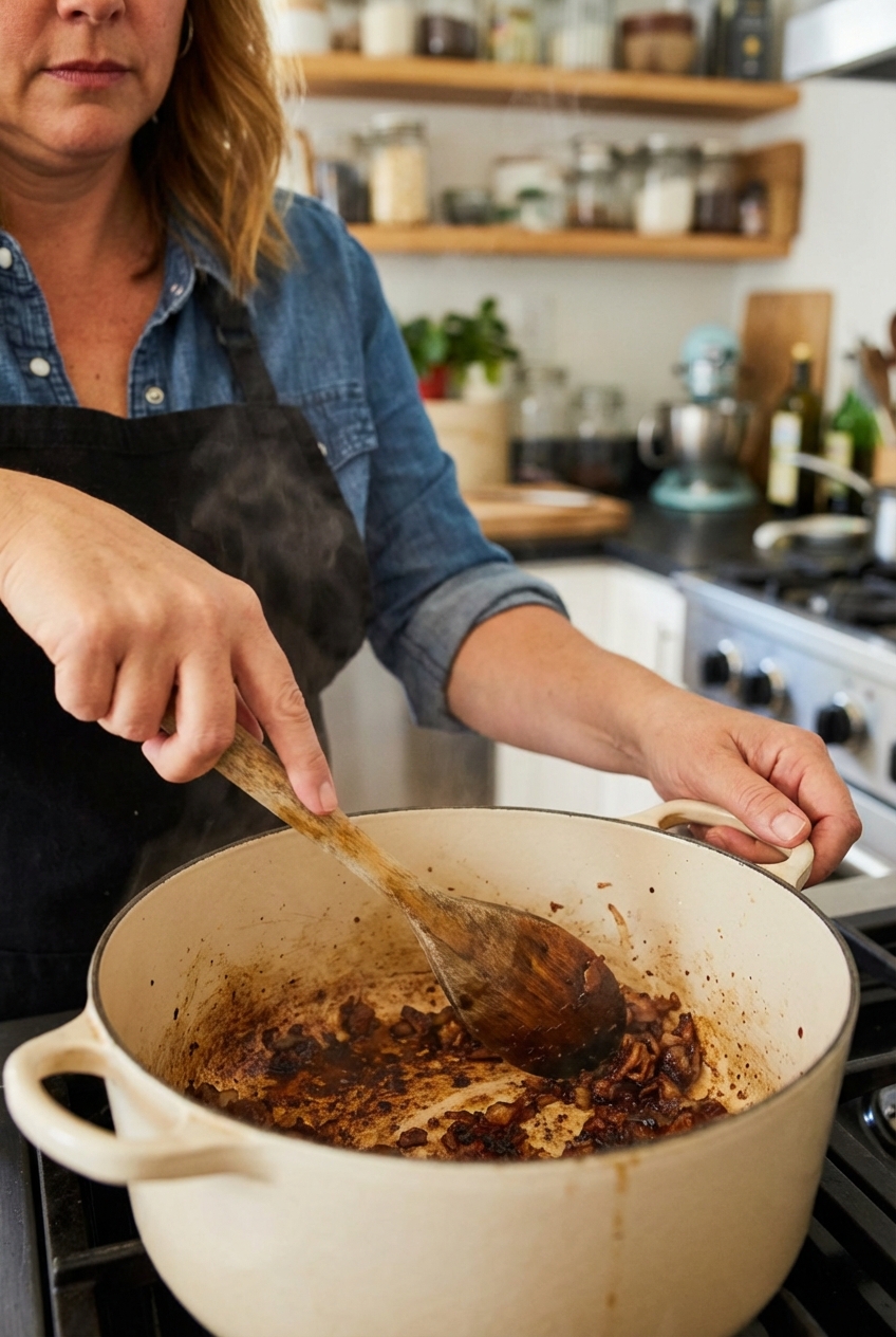 A real photo of a wooden spoon scraping browned bits from the bottom of a Dutch oven