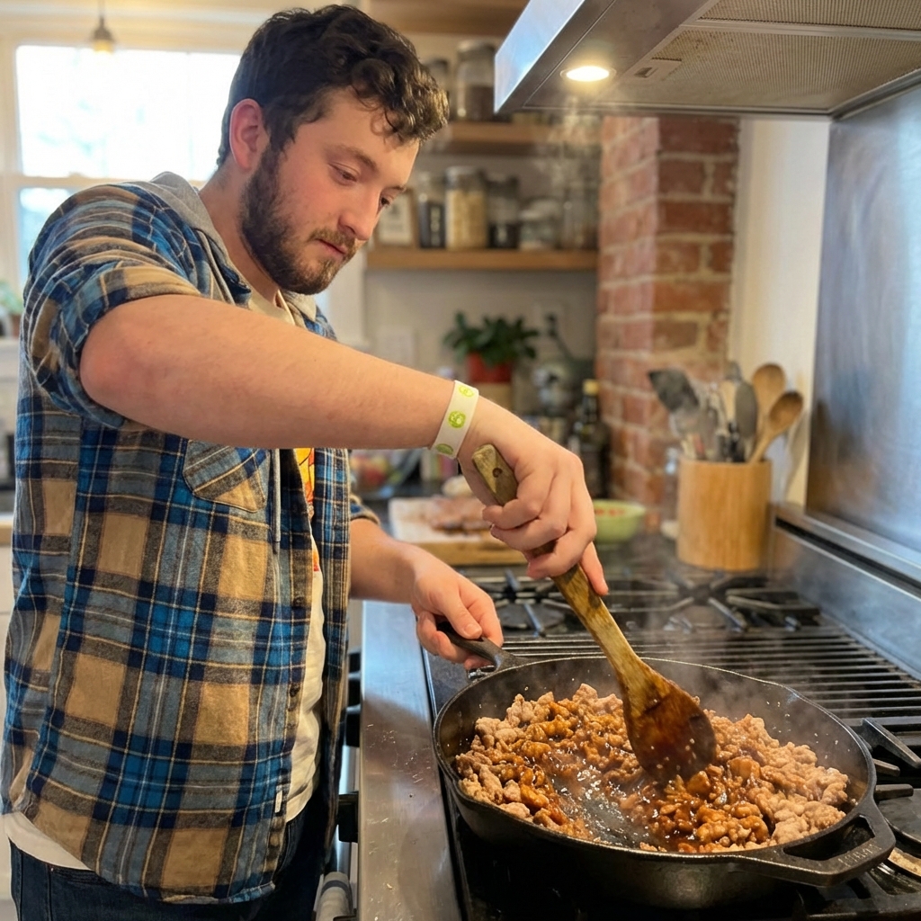 A real photo of a wooden spoon stirring browned ground pork as the sauce turns glossy in a skillet