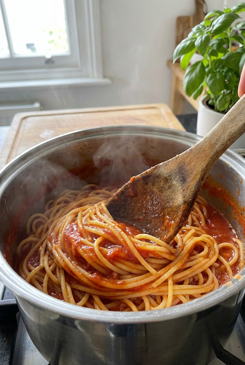 A real photo of a wooden spoon stirring pasta in a pot as the sauce coats the noodles