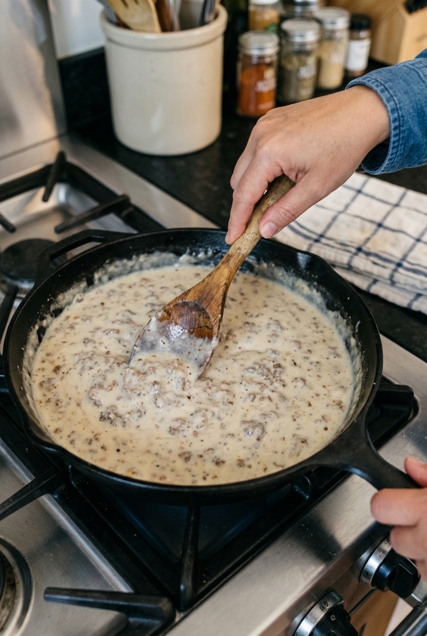 A real photo of a wooden spoon stirring thick sausage gravy in a cast iron skillet on a stovetop
