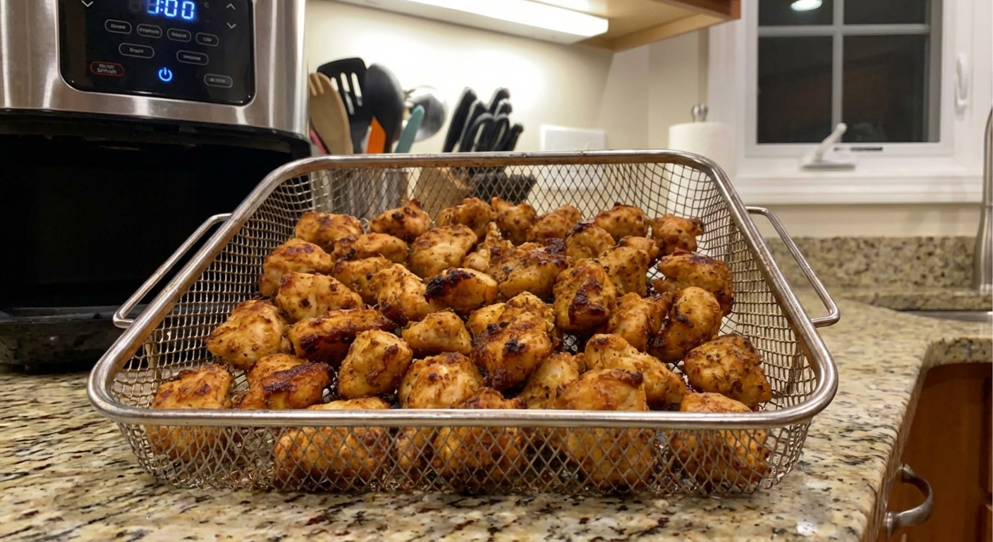A real photo of air fryer basket filled with browned chicken bites, showing crisp edges