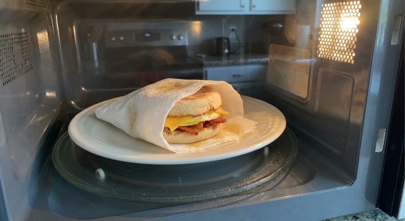 A real photo of an English muffin breakfast sandwich wrapped in a paper towel on a microwave-safe plate inside a microwave, ready to reheat