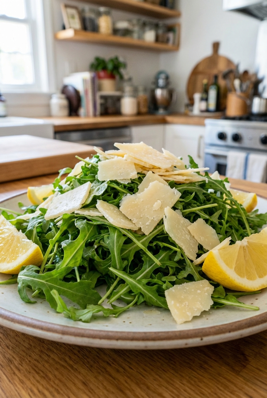 A real photo of an arugula salad with shaved Parmesan and lemon wedges on a plate