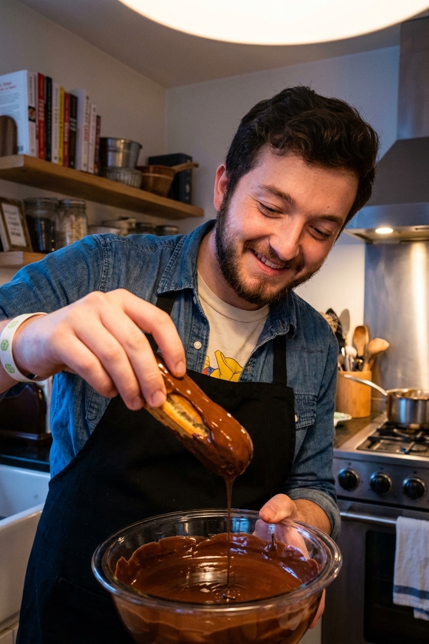 A real photo of an éclair being dipped top-first into glossy chocolate glaze over a bowl