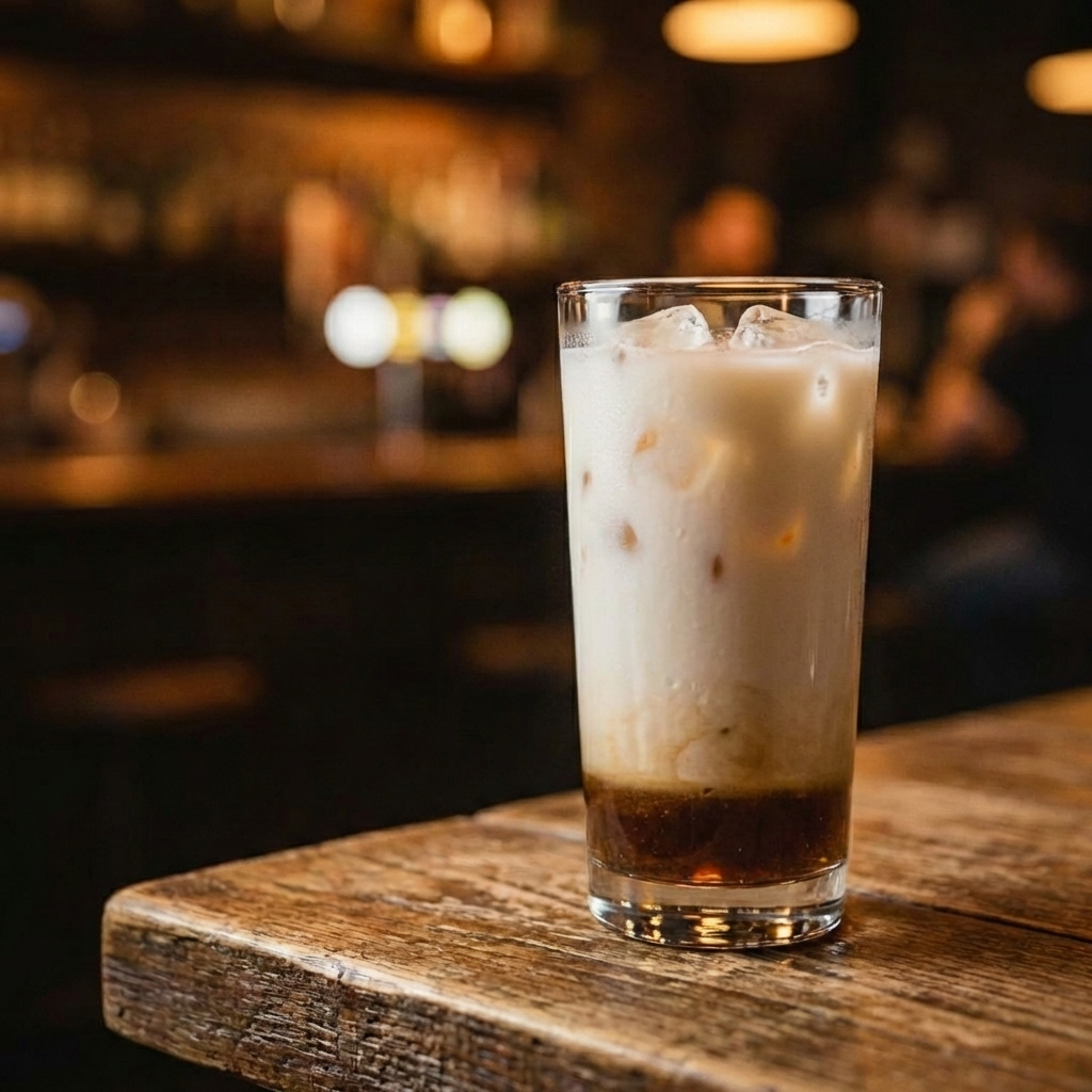 A real photo of an iced chai latte in a clear glass with visible layers