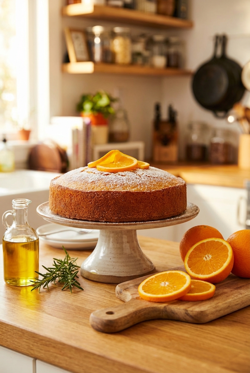 A real photo of an orange olive oil cake on a cake stand with sliced oranges nearby