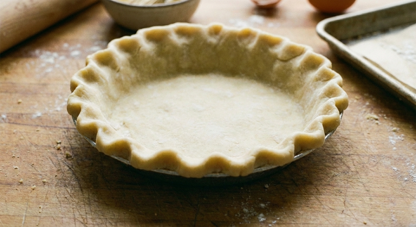 A real photo of an unbaked pie crust crimped in a pie dish on a counter