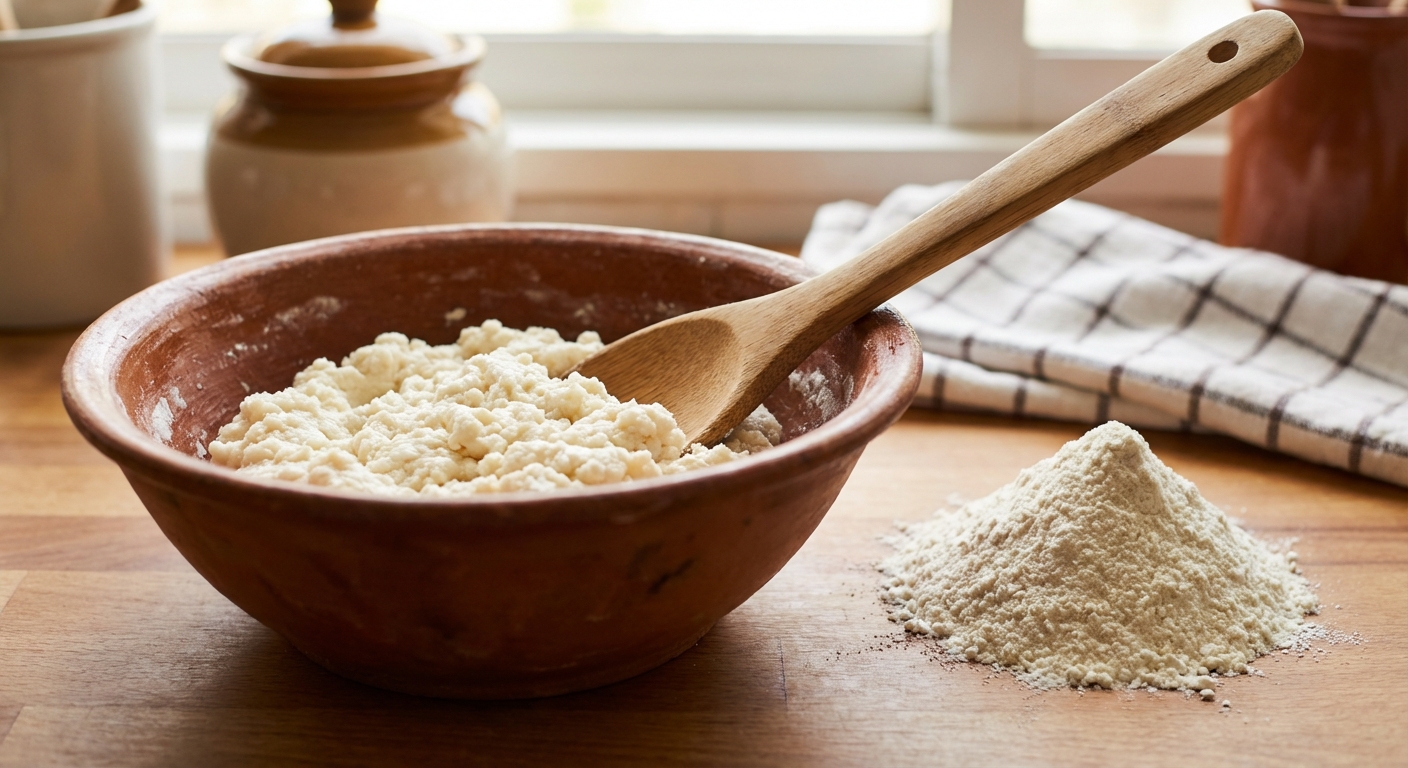 A real photo of arepa dough in a mixing bowl with a spoon and a small pile of masarepa nearby